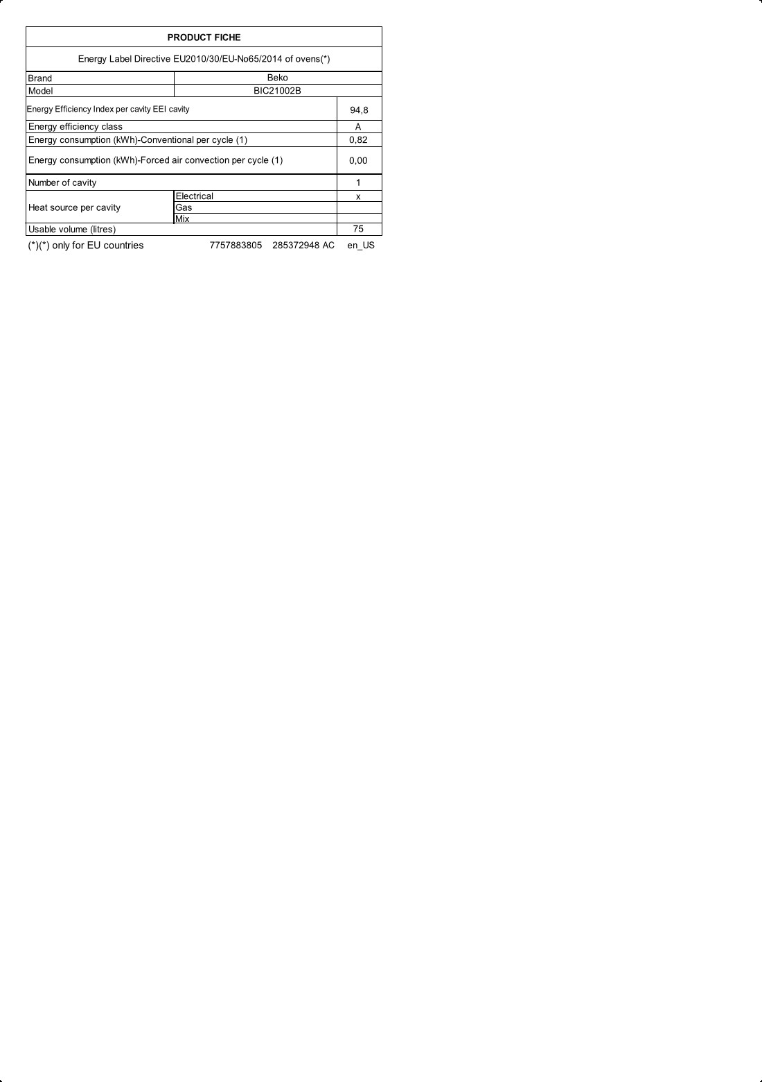 BIC21002B, Forno Statico con Ventilazione Tangenziale, 75 L