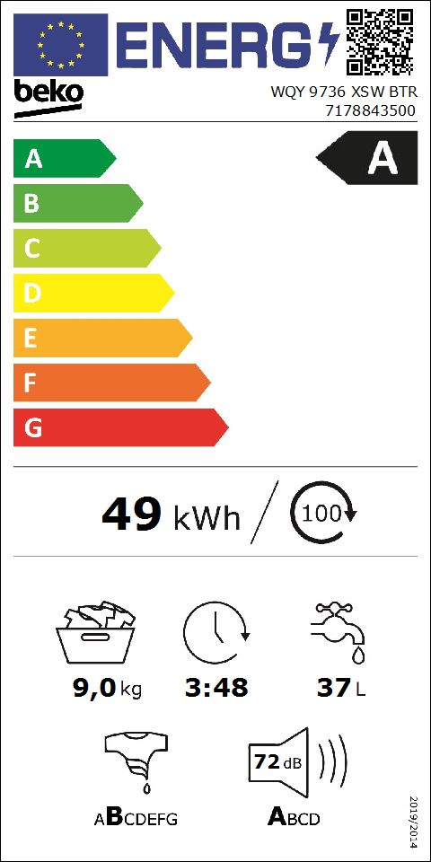 Lavadora Beko WQY9736XSW BTR 9Kg 1400rpm Vapor A+++(-20%) Inverter 